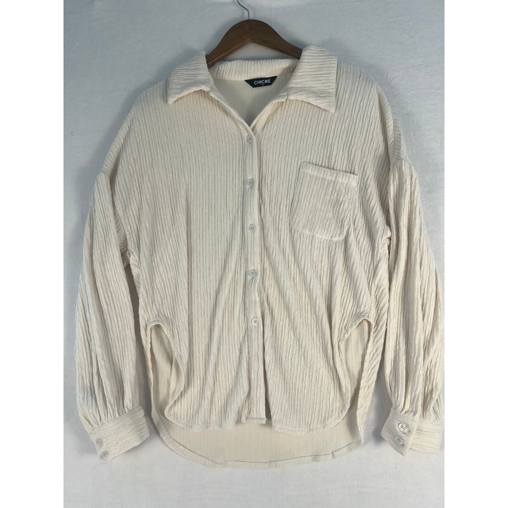 ChicMe Button Down Shirt W Sm Cream Plisse Textured Long‎ Sleeve Blouse Minimal